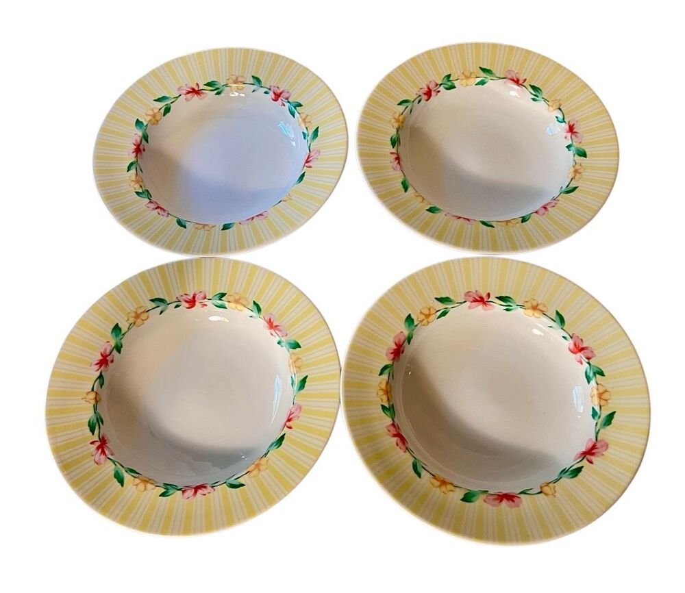 Vintage Pfaltzgraff Grandmas Kitchen Rimmed Soup Bowls 9" Yellow Floral Set of 4